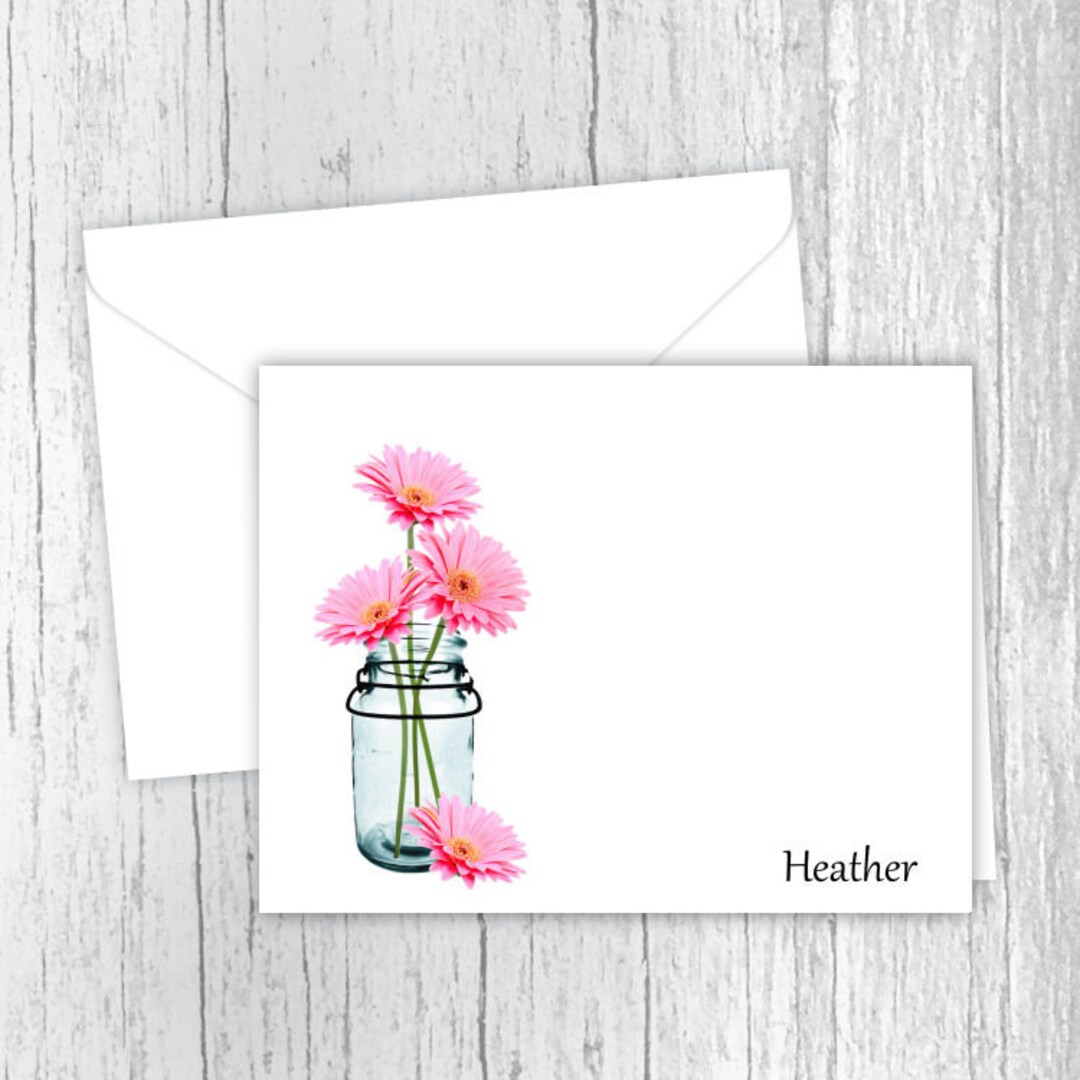 Pink Daisies in a Mason Jar Personalized Note Cards - Floral Stationery ...