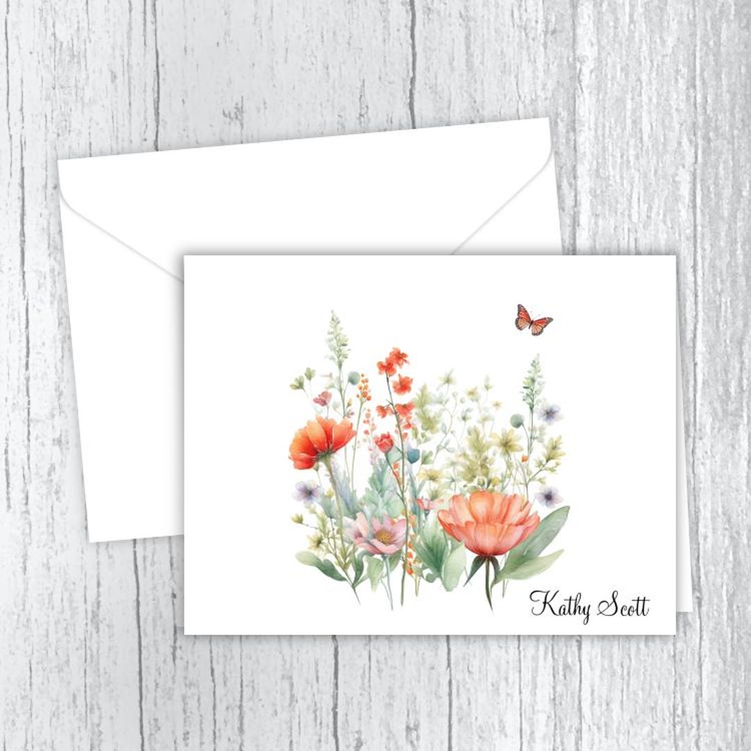Personalized Note Cards, Coral Wildflowers, Stationery, Set of 10 ...