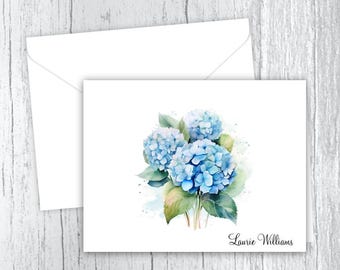 3 Pretty Blue Hydrangeas Note Cards: Personalized Stationery Set of 10, Envelopes Included
