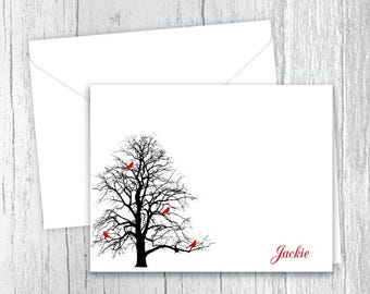 Red Birds in a Tree Personalized Note Cards - Stationery