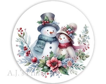 Snowman Couple Gift Labels • Matte or Glossy Stickers • Printed Labels • Peel & Stick • Round Christmas Sticker • Envelope Seal • Favor Bags