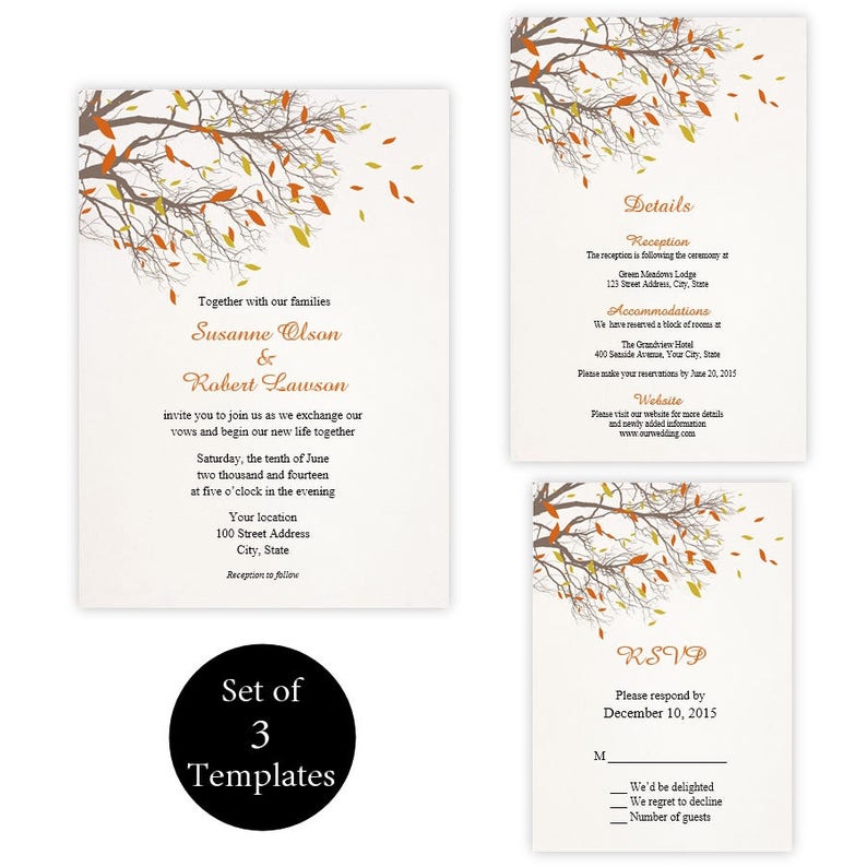 Microsoft Word RSVP Wedding Invitation Suite Fall Branches Instant Download Details Card Invitation DIY Printable Templates