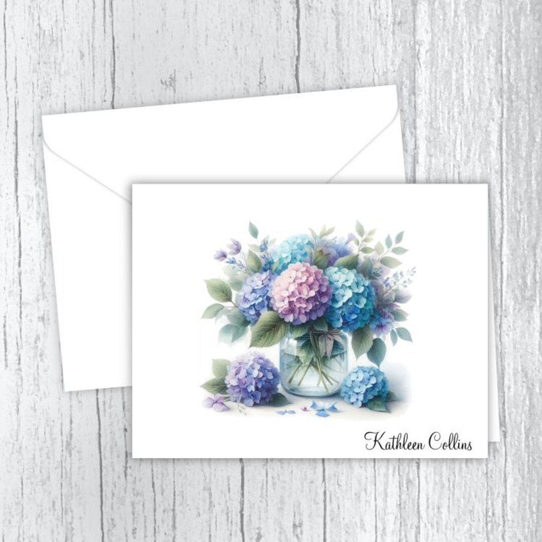 Personalized Note Cards, Hydrangea Bouquet in a Jar, Stationery, Set