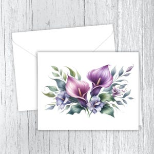 Purple Calla Lilies Note Cards, Non-Personalized Stationery, Floral Stationery, Set of 10 Folded Note Cards, Envelopes Included