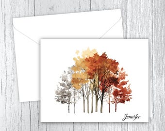 Pretty Fall Trees Personalized Note Cards: Watercolor Scenery Stationery, Envelopes Included