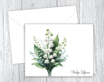Personalized Note Cards, Lilies of the Valley, Stationery,  Set of 10 Folded Note Cards, Envelopes Included, Gift Idea