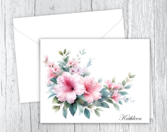 Pink Azalea Personalized Note Card Set, Floral Stationery