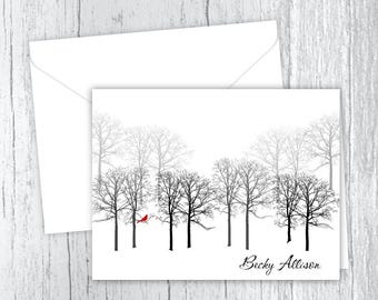 Personalized Note Cards: Red Bird Winter Forest Stationery, Set of 10