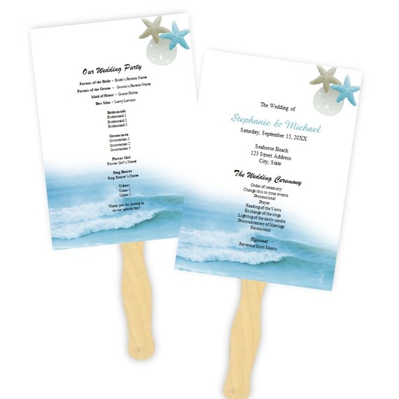 wedding program fan template ocean waves fans diy etsy