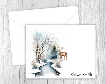 Personalized Note Cards, Deer by the Stream, Stationery, Set of 10 Folded Note Cards, Envelopes Included, Personalized Gift
