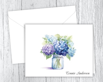 Cartes de correspondance personnalisées, hortensias dans un bocal, papeterie, lot de 10 cartes de correspondance pliées, enveloppes incluses, cadeau personnalisé