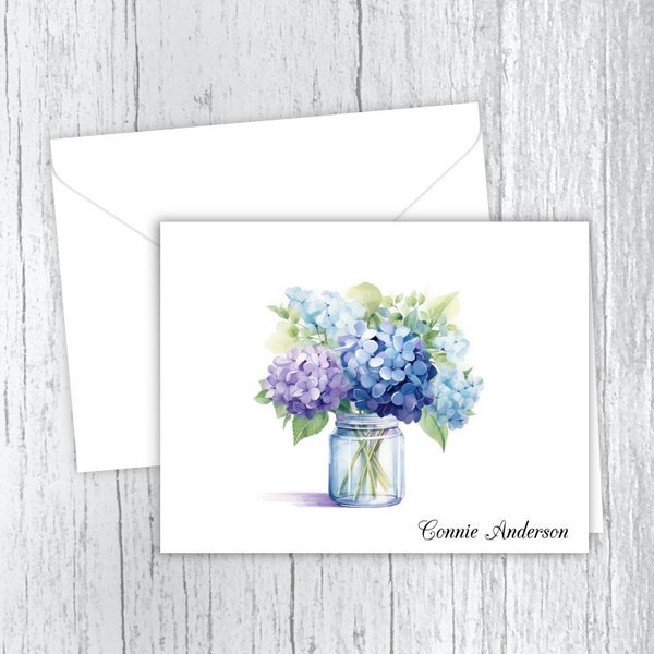Personalized Note Cards, Hydrangeas in a Jar, Stationery, Set of 10 Folded Note Cards, Envelopes Included, Personalized Gift