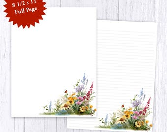Wildflowers & Butterfly Writing Paper - Floral Letter Paper - Full Page 8 1/2 x 11 - Lined or Unlined - WPFP-005