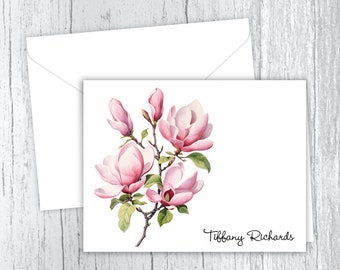 Personalized Pink Magnolia Note Cards: Stationery Set of 10