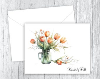 Personalized Orange Tulip Note Cards: Floral Stationery Set