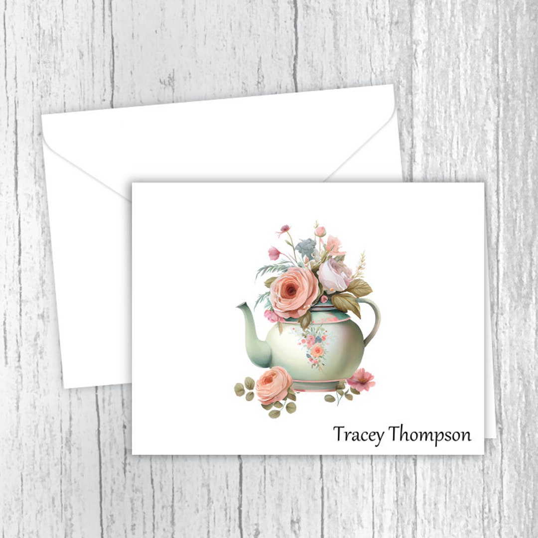 Personalized Note Cards, Teapot & Flowers, Personalized Stationery