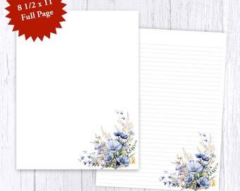 Blue Flowers Writing Paper - Botanical Stationery Set (8.5 x 11, Lined or Unlined)