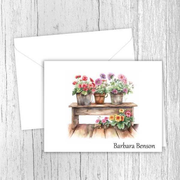 Personalized Note Cards, Garden Bench, Stationery, Set of 10 Folded Note Cards, Envelopes Included, Personalized Gift