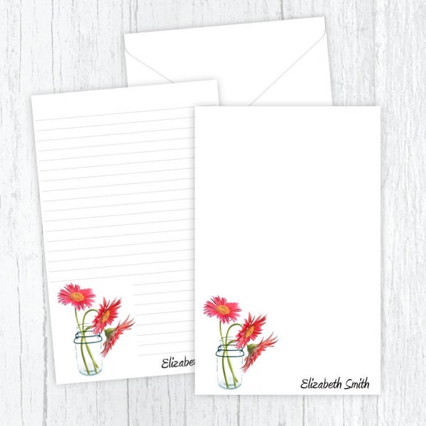 Mason Jar Daisies - Writing Paper - Personalized Gift Stationery - Floral Letter Paper - Envelopes Included - Lined or Unlined