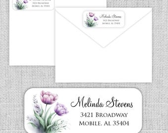Return Address Labels • Purple Tulips • Matte or Glossy Stickers • Printed Labels •
