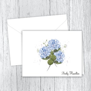 Personalized Note Cards, 3 Blue Hydrangeas, Flower Stationery, Set of 10 Folded Note Cards, Floral Stationery, Botanical, Personalized Gift