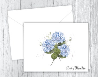 Blue Hydrangea Personalized Note Card Set: Floral Stationery Gift