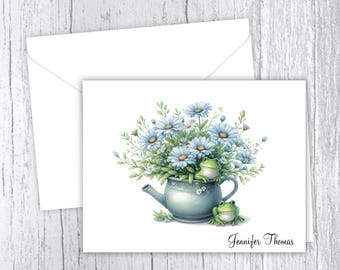 Personalized Daisy Frog Note Cards, Teapot Stationery, Set of 10