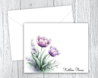Purple Tulips Note Cards: Personalized Stationery Set of 10, Envelopes Included
