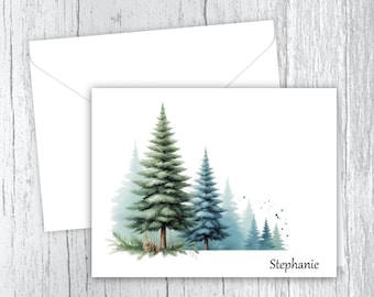 Pretty Spruce Trees Personalized Note Cards: Watercolor Scenery Stationery, Envelopes Included