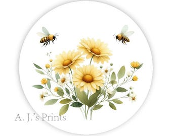 Yellow Flowers with Bumble Bees Stickers: Glossy or Matte Labels