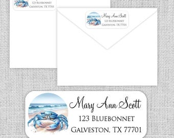 Blue Crab Return Address Labels: Beach Theme, Glossy or Matte