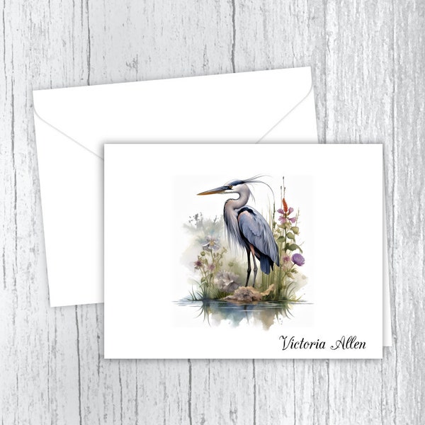 Personalized Note Cards, Blue Heron Bird, Stationery, Set of 10 Folded Note Cards, Envelopes Included, Personalized Gift