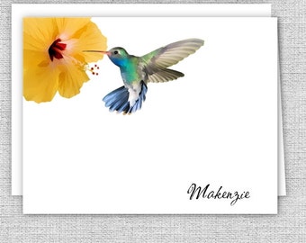 Personalized Note Cards Stationery, Hummingbird and Hibiscus Flower, Set of 10, Folded Note Cards, Personalized Gift