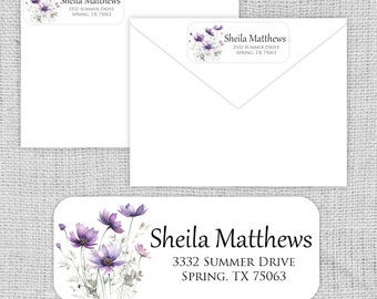 Return Address Labels • Purple Wildflowers • Matte or Glossy Stickers • Printed Labels •