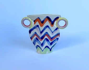 Colourful zig zag vase with round handles