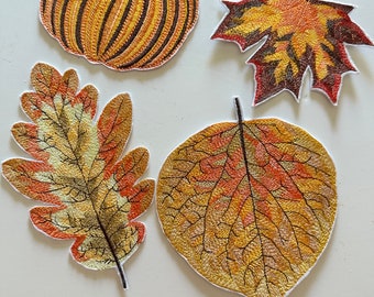Set of 4 Fall Decor Applique Patches | Large Iron On Patches | Pumpkin and Autumn Leaves