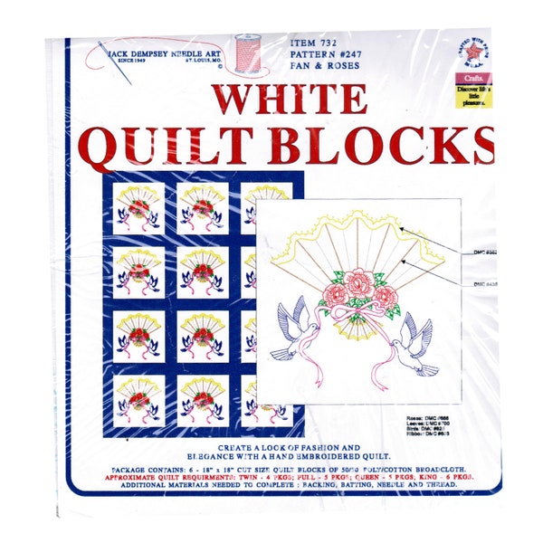 Vintage Jack Dempsey White Quilt Blocks, Needle Art Embroidery, Fan Roses Doves Design