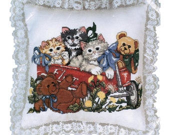 Cross Stitch DIY Pillow Kittens Cats Kit Gift For Her | Wagon Buddies