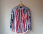Vintage 90s Pearl Snap Button up Front Patchwork Floral Gingham Denim Western Shirt Women 39 s Size Medium Petite