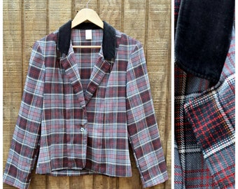 Vintage 60s Gray Red Tartan Plaid Schoolboy Collegiate Blazer Jacket Black Velvet Collar Womens Small 11/12