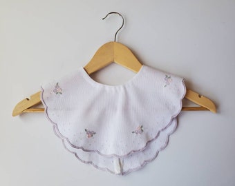 Vintage White Pink and Purple Floral Embroidered Removable Scalloped Bib Collar Handmade Top