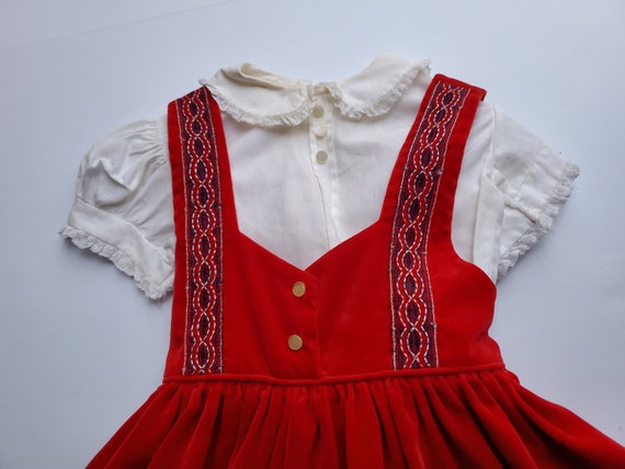 Vintage Girls Red Velveteen Pinafore Dress Outfit… - image 8