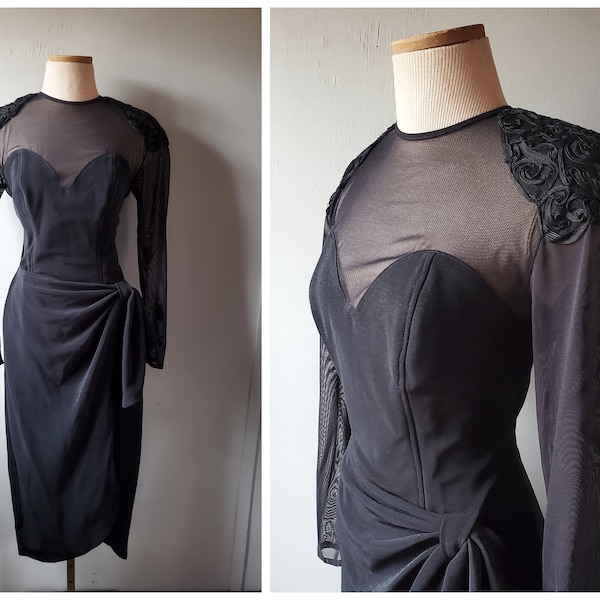 Vintage 80s Power Shoulder Black Wrap & Mesh Cocktail Wiggle Dress Sz 9 10 Small