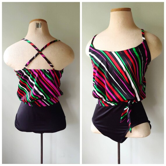 Vintage 70s / 80s Retro Black & Colorful Striped … - image 1