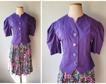 Vintage 80s does 40s Bright Purple & Floral 2 Piece Suit Career Skirt Blouse Set Small XS