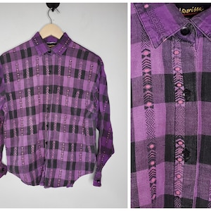 Chemise boutonnée western à carreaux pour femmes, petit 38, vintage des années 80