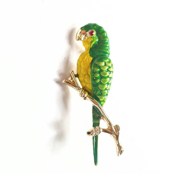 Vintage Colorful Enamel Parrot Bird Costume Brooch with Red Rhinestone Eye