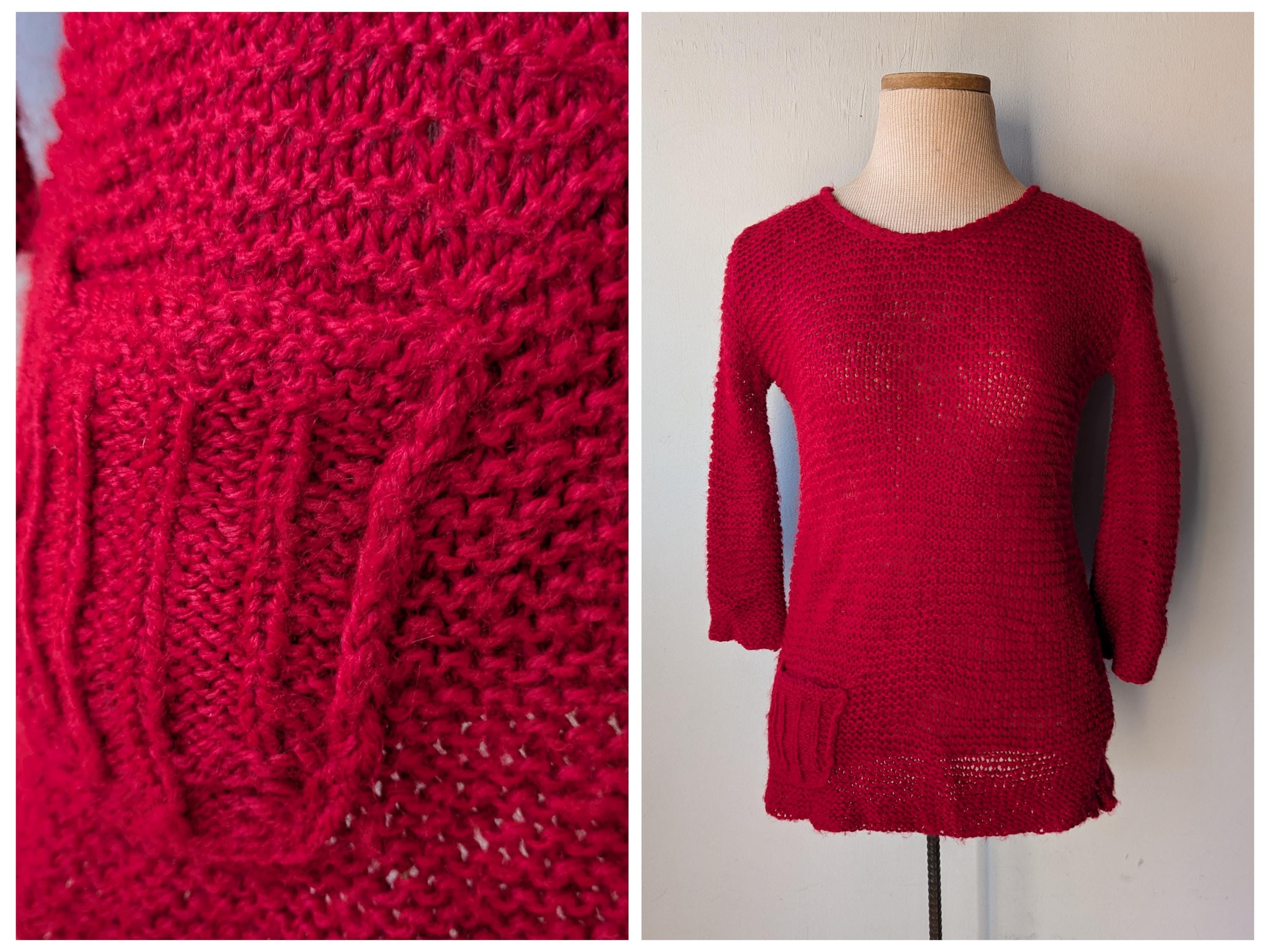 Vintage Cute Red Chunky Tight Sweater With Pocket Womens Size 