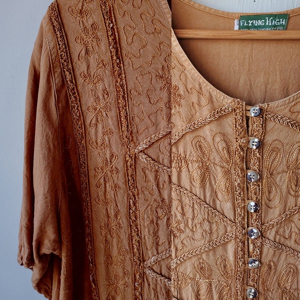 Vintage 90s Granola Hippie Embroidered Rayon Button up Blouse AS IS Oversized Medium Large XL