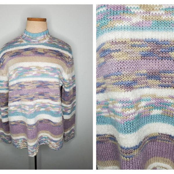 SALE Vintage 80s Kawaii Colorful Pastel Knit Mock Turtleneck Pullover Sweater Womens size M